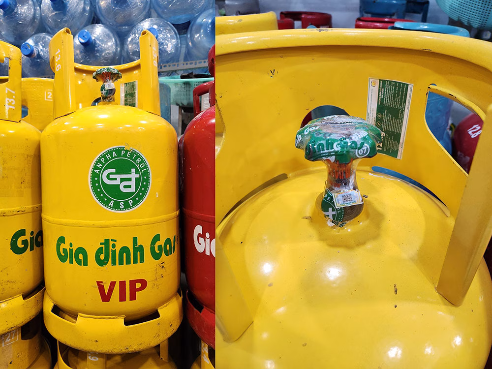 Bình gas Gia Đình 12kg màu vàng với tem chống giả có mã QR Bình gas Gia Đình 12kg màu vàng với tem chống giả có mã QR
