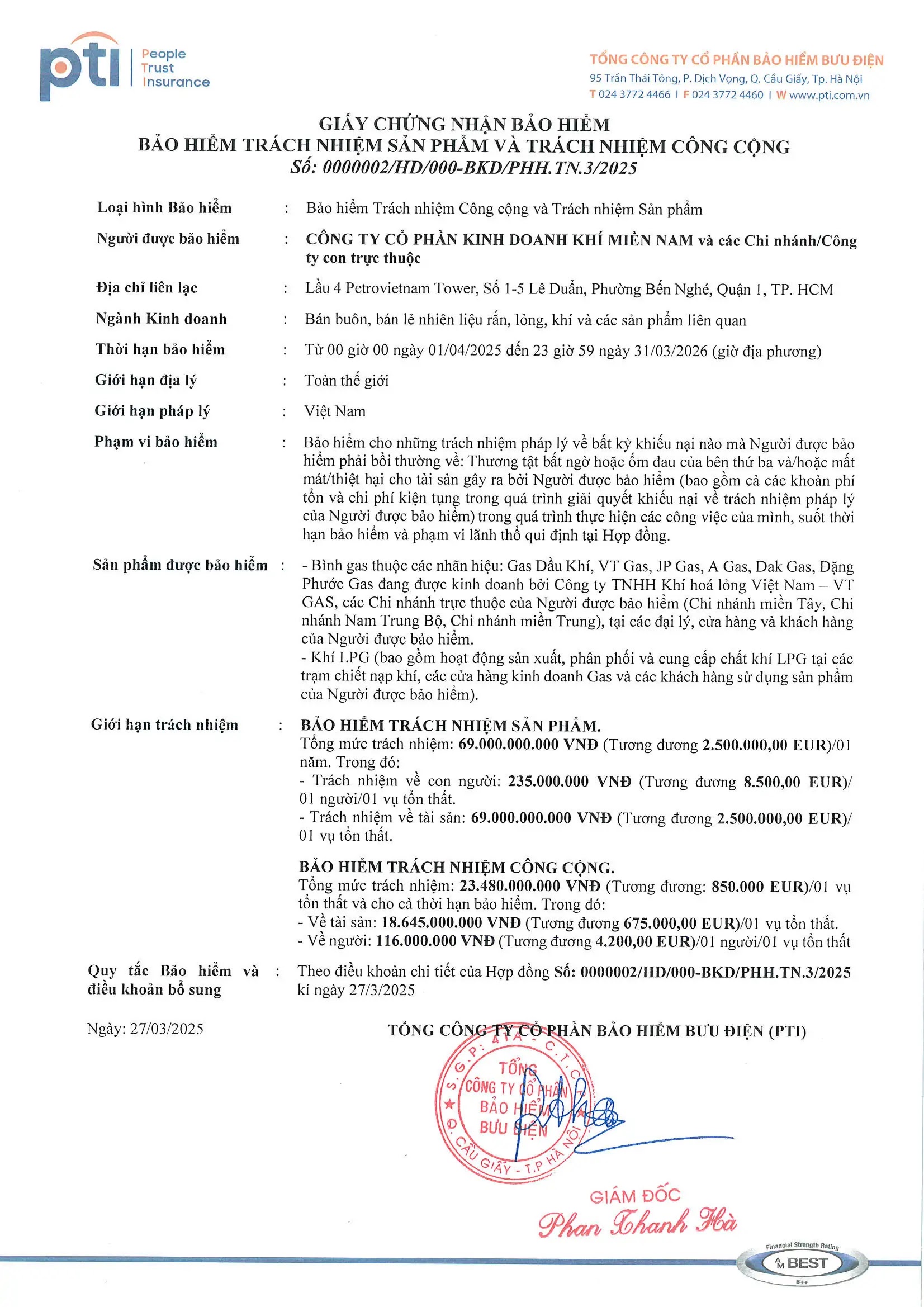 chứng nhận bảo hiểm các sản phẩm Gas VT và Gas Dầu Khí chứng nhận bảo hiểm các sản phẩm Gas VT và Gas Dầu Khí