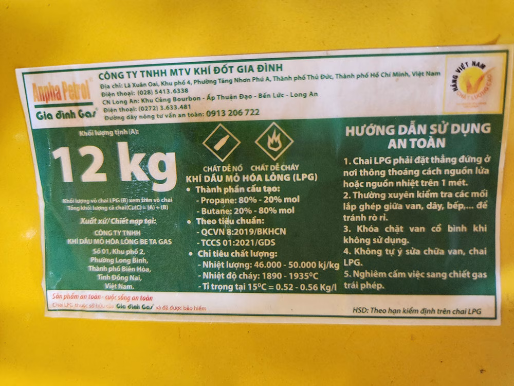Thông tin chỉ tiêu chất lượng bình gas Gia Đình 12kg màu vàng